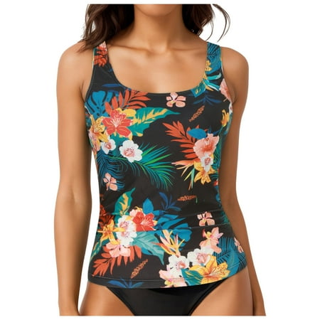 Aayomet Tankini Tops for Women Swimwear Top Only Tummy Control Bathing Suit Top No Bottom Modest Swim Top (Dark Blue, L)