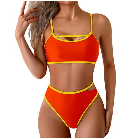 UTSJKR Deals Two Piece Swimsuit for Women High Waist Bathing Suit Bottom Full Coverage Swimsuit 2 Piece High Cut Swim Suits Orange L