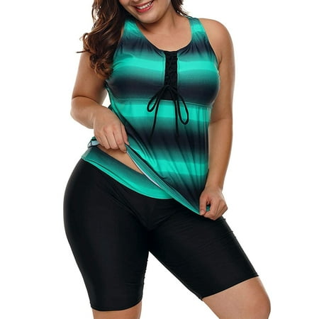 Chama Women’s Plus Size Racerback Tankini Swimsuits with Swim Capris 2 Piece Color Block Athletic Bathing Suits