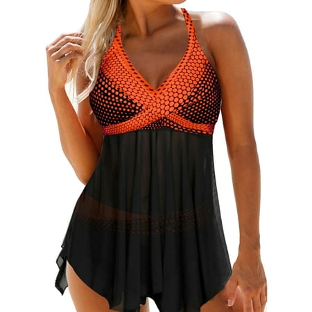 Women Two Piece Swimsuit Tummy Control Bathing Suits See Through Tankini Top with Sporty Shorts Beachwear Plus size