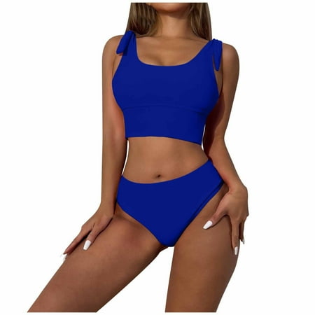 UTSJKR Womens High Waisted Bikini Sets Scoop Neck Two Piece Swimsuits Tied Straps Sporty Bathing Suits Swimwear 2025 Blue S