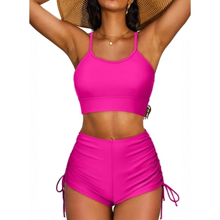 SHEWIN Women’s Bikini Sets Two Pieces Bathing Suits Criss Cross Top Swimsuits High Waisted Drawstring Boyshorts
