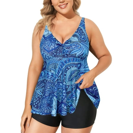 Chama Women’s Plus Size Tankini Swimsuits V Neck Flowy Swimwear Two Piece Tummy Control Bathing Suits with Shorts