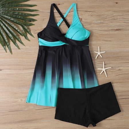 ylioge Plus Size Womens Two Piece Tankini Swimsuits S-5XL Built in Bras Dresses and Shorts Bathing Suits Gradient Printed Swimming Sets Clearance
