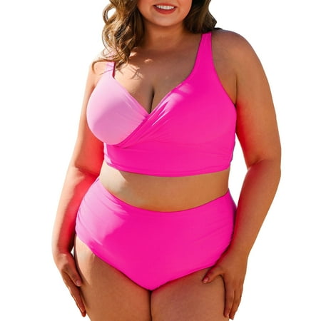 SHEWIN Women Plus Size Bikini Sets Two Piece Tummy Control Swimsuits V Neck Color Block High Waisted Bathing Suits Bright Pink 3X