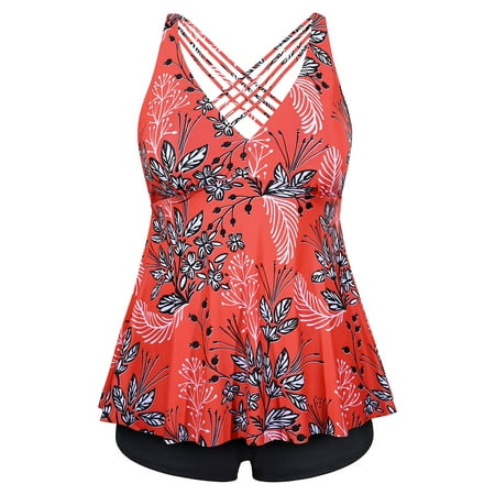 Chama Women’s Plus Size Two Piece Bathing Suits Flowy V Neck Tankini Top with Boyshorts Tummy Control Swimming Suits