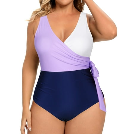 Chama Women’s Plus Size Knotted Color Block One Piece Swimsuit Tummy Control High Cut Bathing Suit