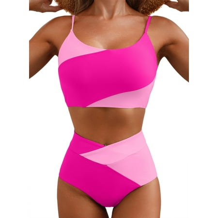 SHEWIN Womens Bikini Set 2 Piece High Waisted Color Block Swimsuit Spaghetti Straps Bathing Suits Summer Beach Outfits