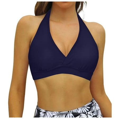 JUMESG Women Halter Bikini Top Push Up Swimsuit Top Only (Dark Blue,M)