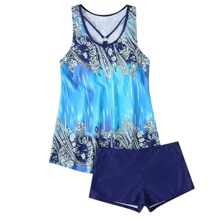 Brnmxoke Two Piece Tankini Bathing Suits for Women Tummy Control Swimsuits Floral Print Tankini Top with Boy Shorts Teen Girls Plus Size Swimwear Blue,XXXL