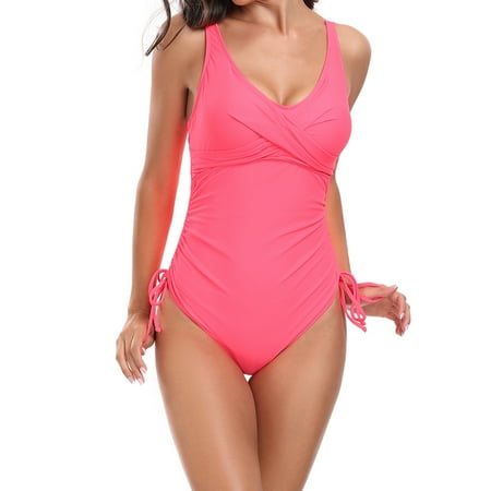 Ashosteey Womens One Piece Swimsuits Tummy Control Ruched Bathing Suit V Neck Push Up Swimwear Side Tie Swimwear