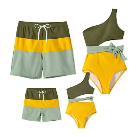 PatPat Women Plus One Piece Swimsuits Family Matching Bathing Suits One Shoulder Colorblock Tummy Control Bikinis