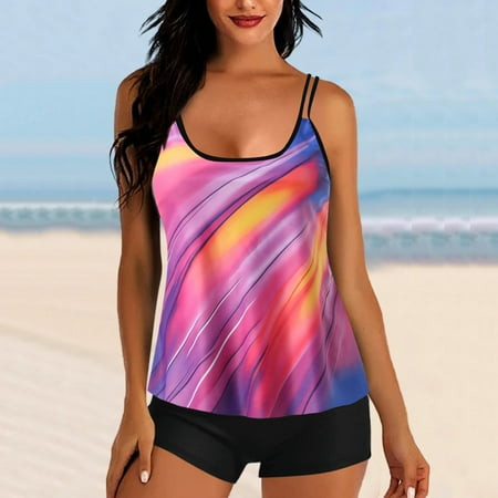 Dihao Tankini Swimsuit for Women Clearance Plus Size Women 2024 Conservative Print Strappy Back Set Two Piece Tank Tops Print Swimsuits Swimdress Conservative Bathing Suit on Promotion