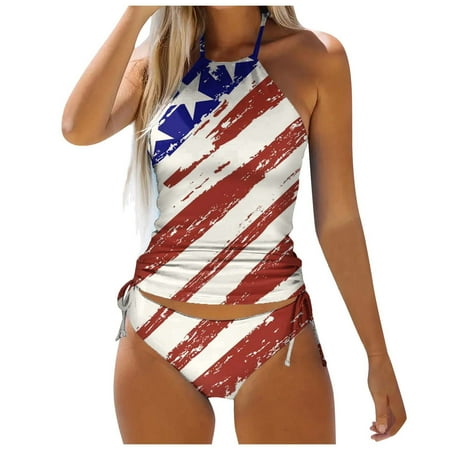 Bjutir American Flag Bikini For Women Halter Neck Mid Waisted Two Piece Swimsuits Usa Flag Print Patriotic Plus Size Ruched Summer Swimwear Beach Vacation Women Tankini Set White S