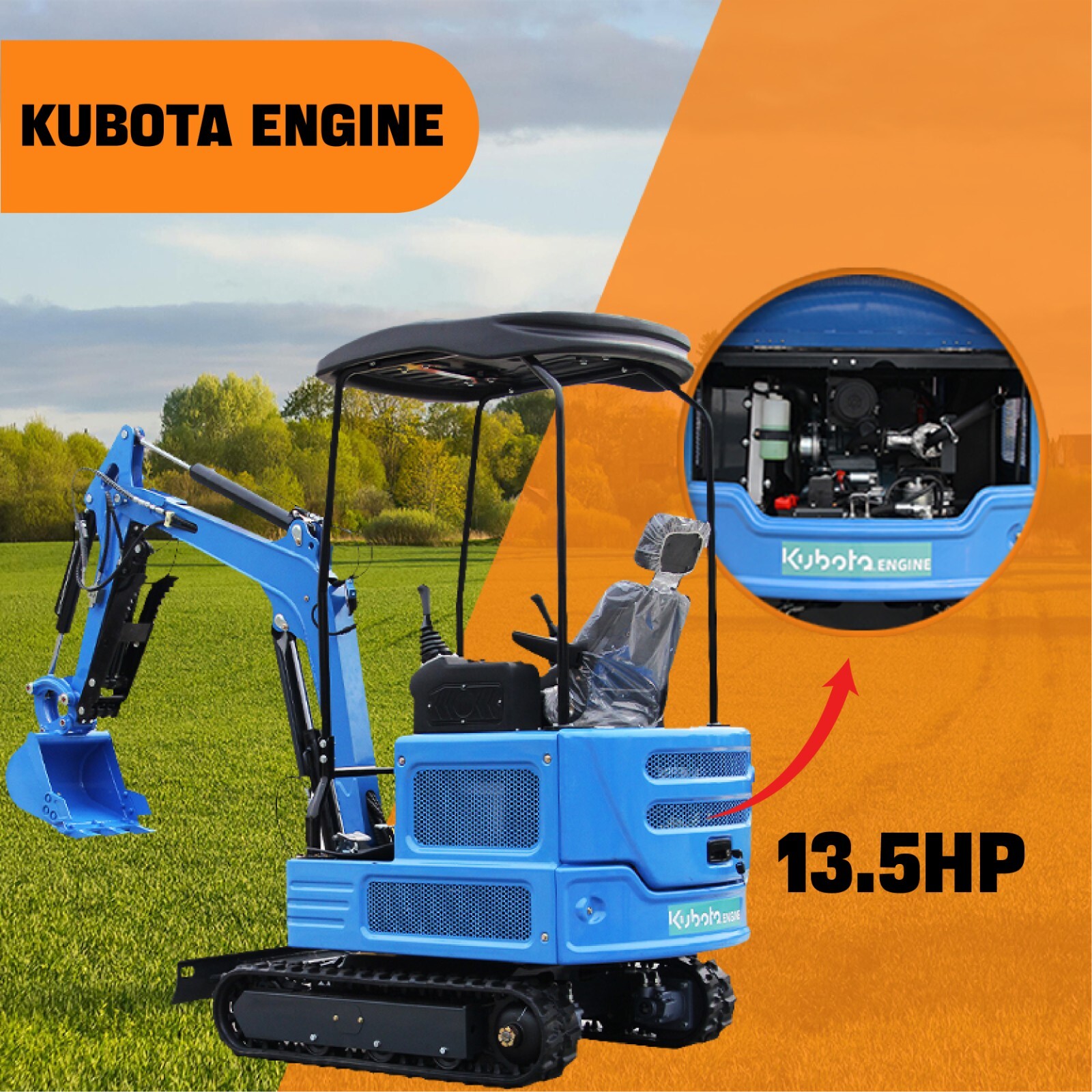 Free Shipping Mini Excavator Hydraulic Thumb 4000lb 13.5HP Crawler Digger Kubota