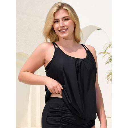 Ocean Blues Women’s Plus Size Tankini Top Only Loose Fit Blouson Bathing Suit Top