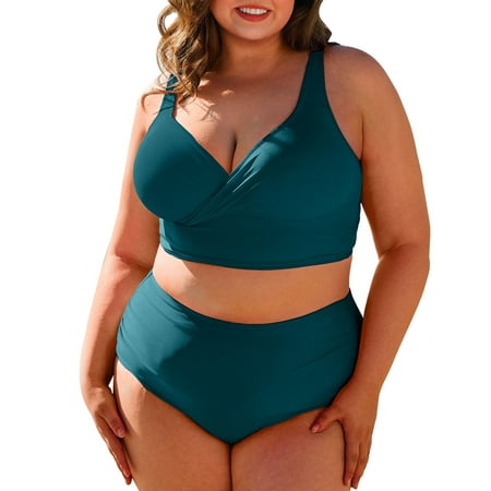 SHEWIN Women’s High Waisted Bikini Sets Plus Size Two Piece Tummy Control Swimsuits V Neck Summer Beach Swim Bathing Suits Blackish Green 4X