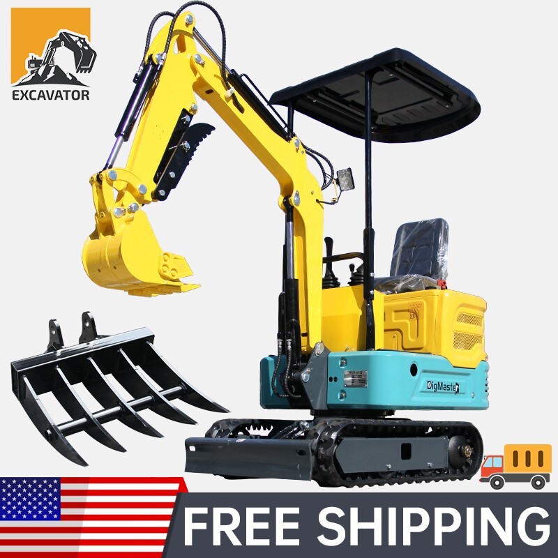 Free Ship Mini Excavator+Rake 13.5hp 1 Ton Mini Digger Tracked Crawler In USA