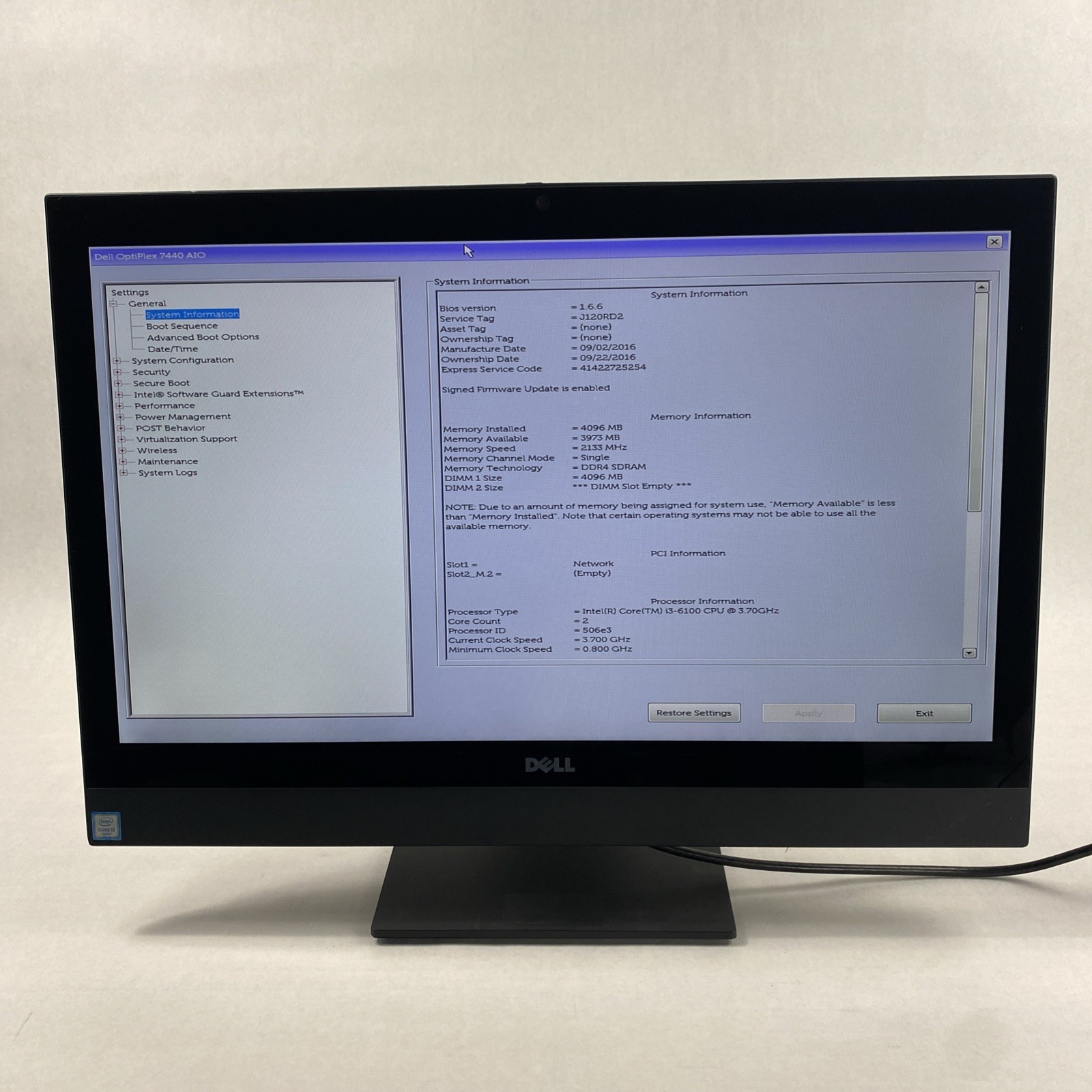 Dell OptiPlex 7440 AIO 23.8″ Intel Core i3-6100 3.70GHz 4GB RAM No HDD No OS