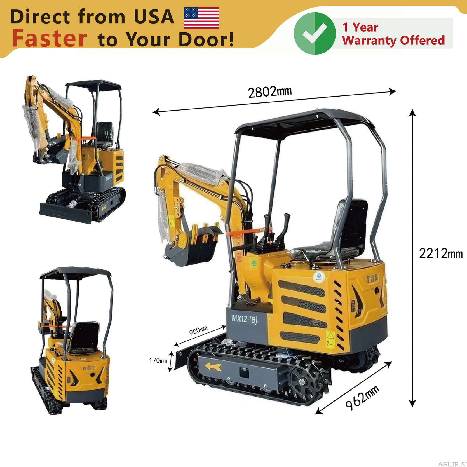 AGT Mini Excavator 1Ton Digger Tracked Crawler B&S Gas Engine 840kg MX12-B
