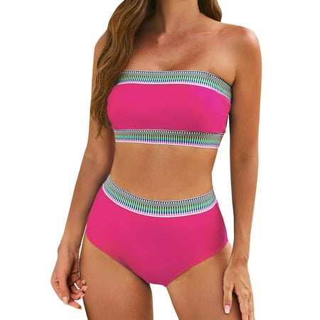 High Waisted Bathing Suits For Women, Tummy Control Swimwear Strapless One Piece Swimsuit Ruched Bathing Suits for Women Slimming Bandeau Tube Top Bikini