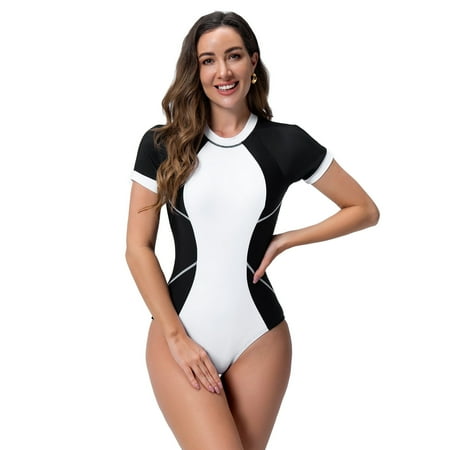 IDOPIP Women’s Rash Guard One Piece Swimsuit UV Protection Surfing Tropical Printed Swimming Suit