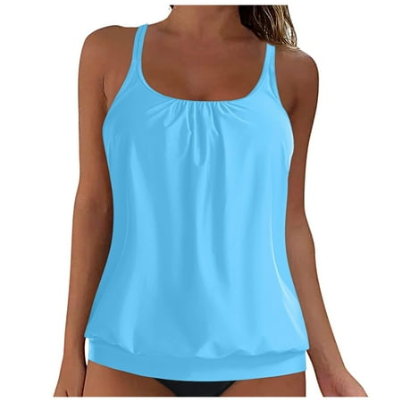 GEWSEY Blouson Tankini Tops for Women Swimwear Top Only Modest Tankini Tops Loose Fit Swim Tops No Bottom Light Blue, L