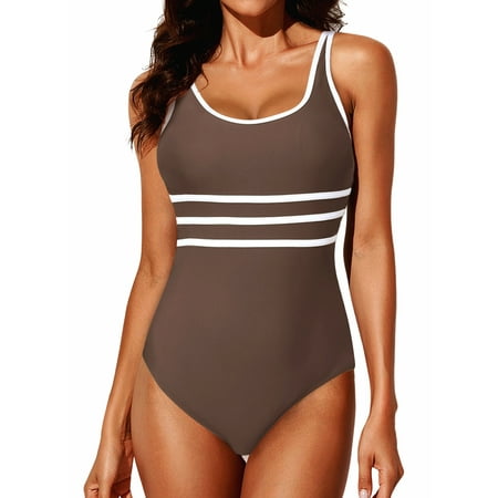 SHEWIN One-Piece Swimsuits for Women Modest Swimwear 1 Piece Sports Training Slimming Striped Bathing Suits Brown