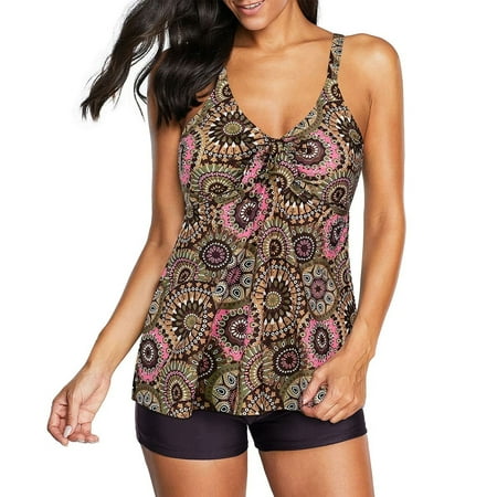 Zando Plus Size Tankini Bathing Suits for Women Plus Size Swimsuit for Women Tummy Control Flounce Swimwear with Shorts Brown Mandala 2XL