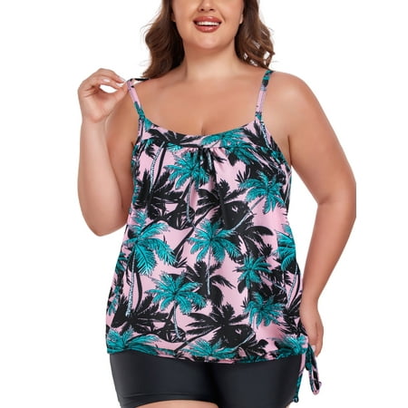 OCEAN BLUES Women’s Plus Size Tankinis Square Neck Swimwear Top Only Loose Fit Blouson Swimsuit Tankini Top Floral Bathing Suit, Size Large
