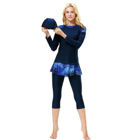 IBTOM CASTLE Women Burkini Swimsuits Modest Muslim Swimwear Islamic Long Sleeve Full Cover Hijab Top Skirted Swim Capris Pants Set 3XL Navy Blue
