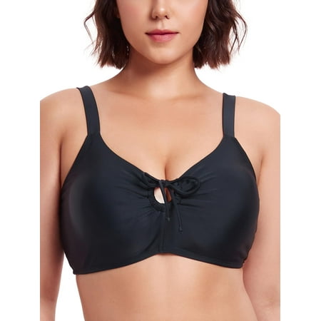 Ocean Blues Women’s Retro Bow Tie Cutout Bikini Top Lace Up Back Swimsuit Plunging Padded Bathing Suit Top Black