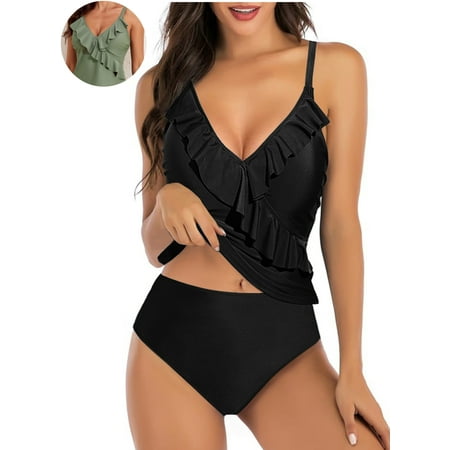 DOKOTOO Womens Two Piece Tankini Swimsuits Tankini Swimsuits for Women Two Piece Tummy Control Bathing Suits Blouson Tankini Top with Bottom