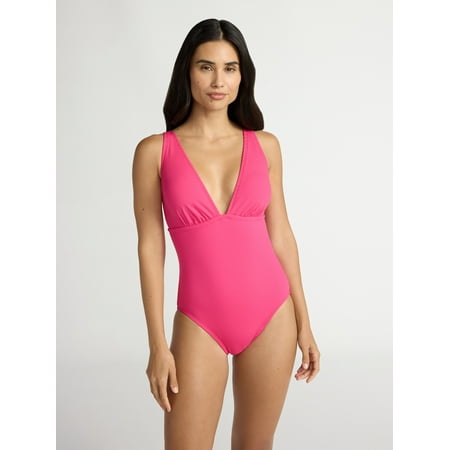 Time and Tru Women’s and Women’s Plus Ribbed Plunge One Piece Swimsuit, Sizes XS-2X Time and Tru Women’s and Women’s Plus Ribbed Plunge One Piece Swimsuit, Sizes XS-2X