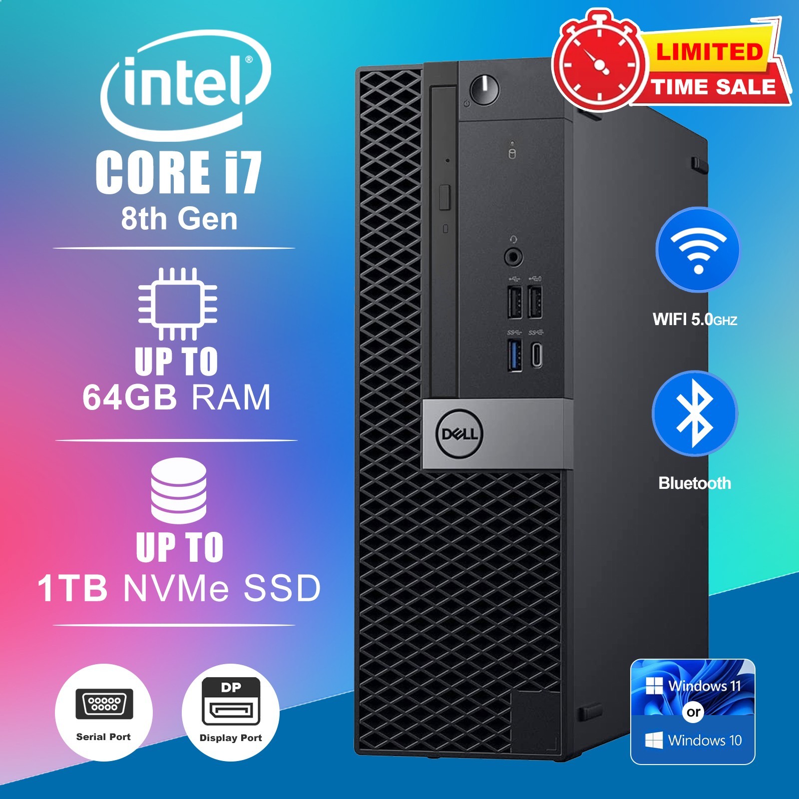 Dell Desktop Computer i7 8th PC Up To 64GB RAM 1TB NVMe SSD Win 11 Pro Type-C