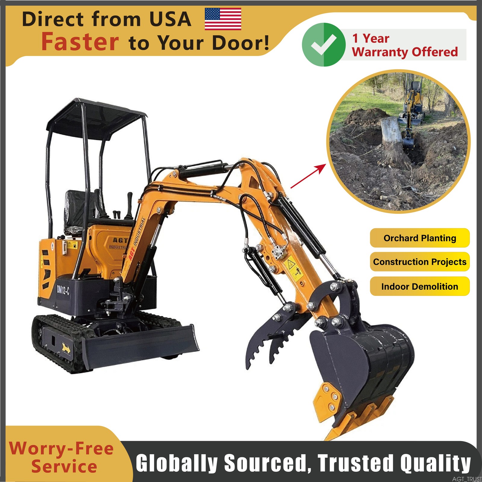 AGT Yellow 1Ton Mini Excavator 13.5 HP Digger B&S Gas Engine EPA NEW DM12-C