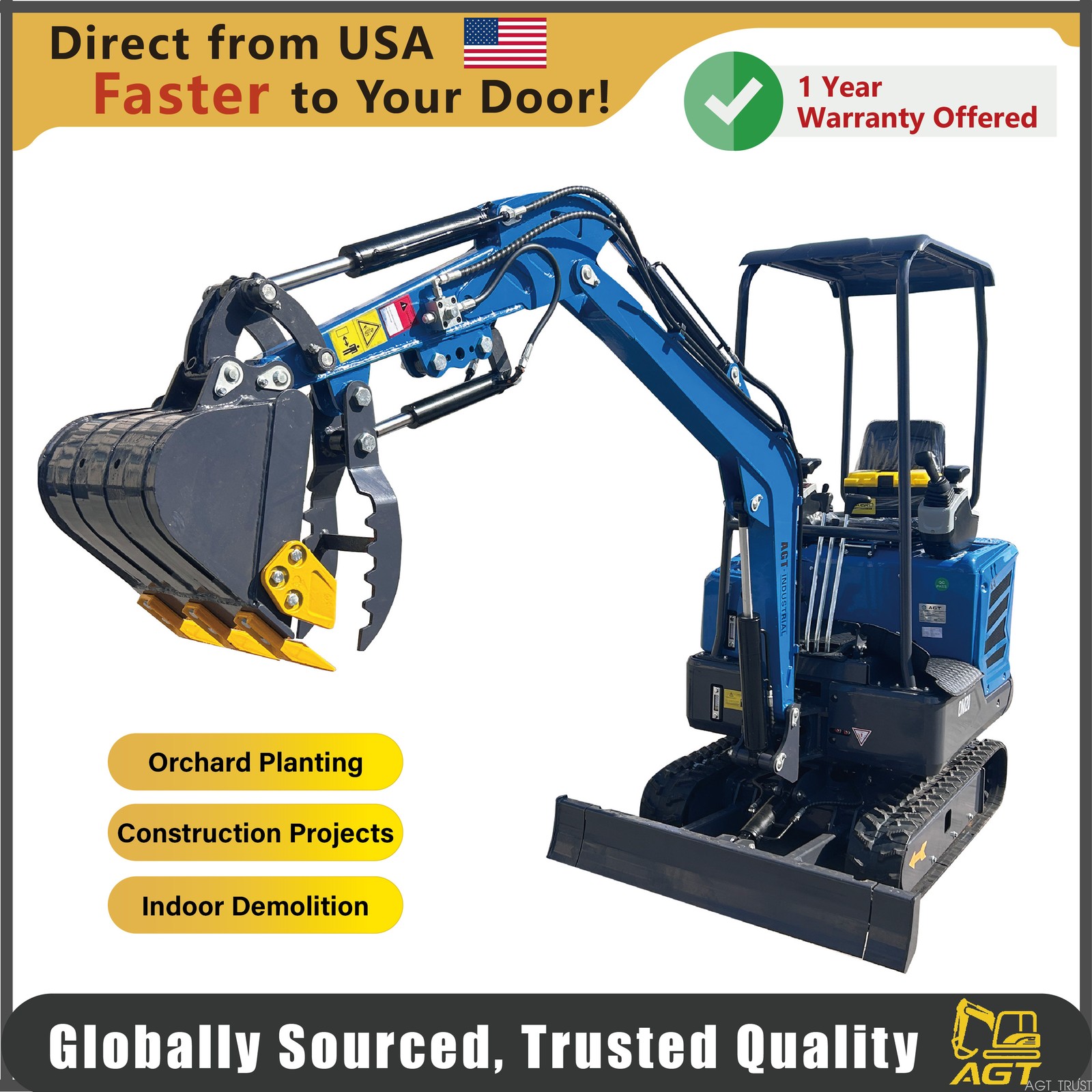 AGT Blue 1ton Mini Excavator Digger 13.7HP Diesel Kubota EPA Engine Crawler DM20