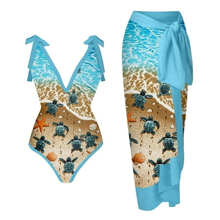 Swimsuit Set with Cover Up Plus Size,Women’s One Piece Swimsuit with Beach Cover up Wrap Skirt Sarong Retro Floral Print Bikini Set Two Piece Bathing Suit