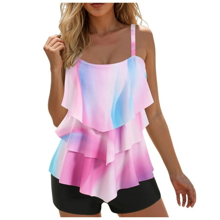 GEWSEY High Waisted Tankini Swimsuits for Women Ruffle Tops with Tummy Control Bottom Two Piece Bathing Suit (Pink, XXL)