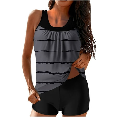SELONE Women’s Bathing Suit Tankini Tops Separates Printed Strappy Back Set Two Piece Swimsuits Swimdress Gray 2XL