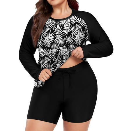 TIYOMI Plus Size Rash Guard Long Sleeve Swimsuits For Women 2 Piece Suits Black Leaves UPF 50+ Sun Swimwear Tummy Control Bathing Suits with Shorts XL 14W 16W