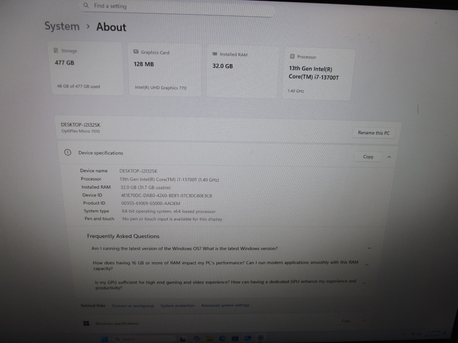Dell OptiPlex 7010 Micro PC I7 13700T 32GB RAM 512 GB SSD with AC –  Win 11 Pro