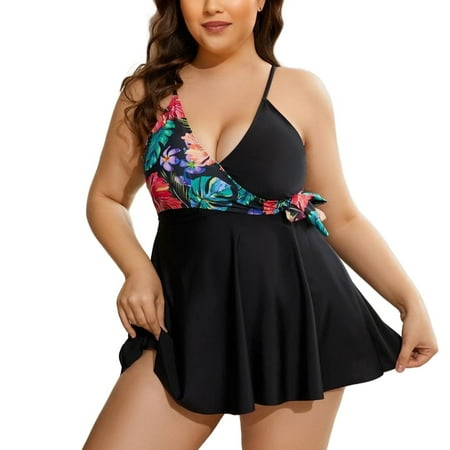 Atercel Plus Size Two Piece Swimsuits for Women Tankini Bathing Suits Flowy Swim Dress with Shorts 2XL