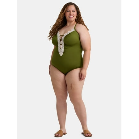 Time and Tru Women’s and Women’s Plus Plunge One Piece Swimsuit with Crochet Lace Trim, Sizes XS-3X