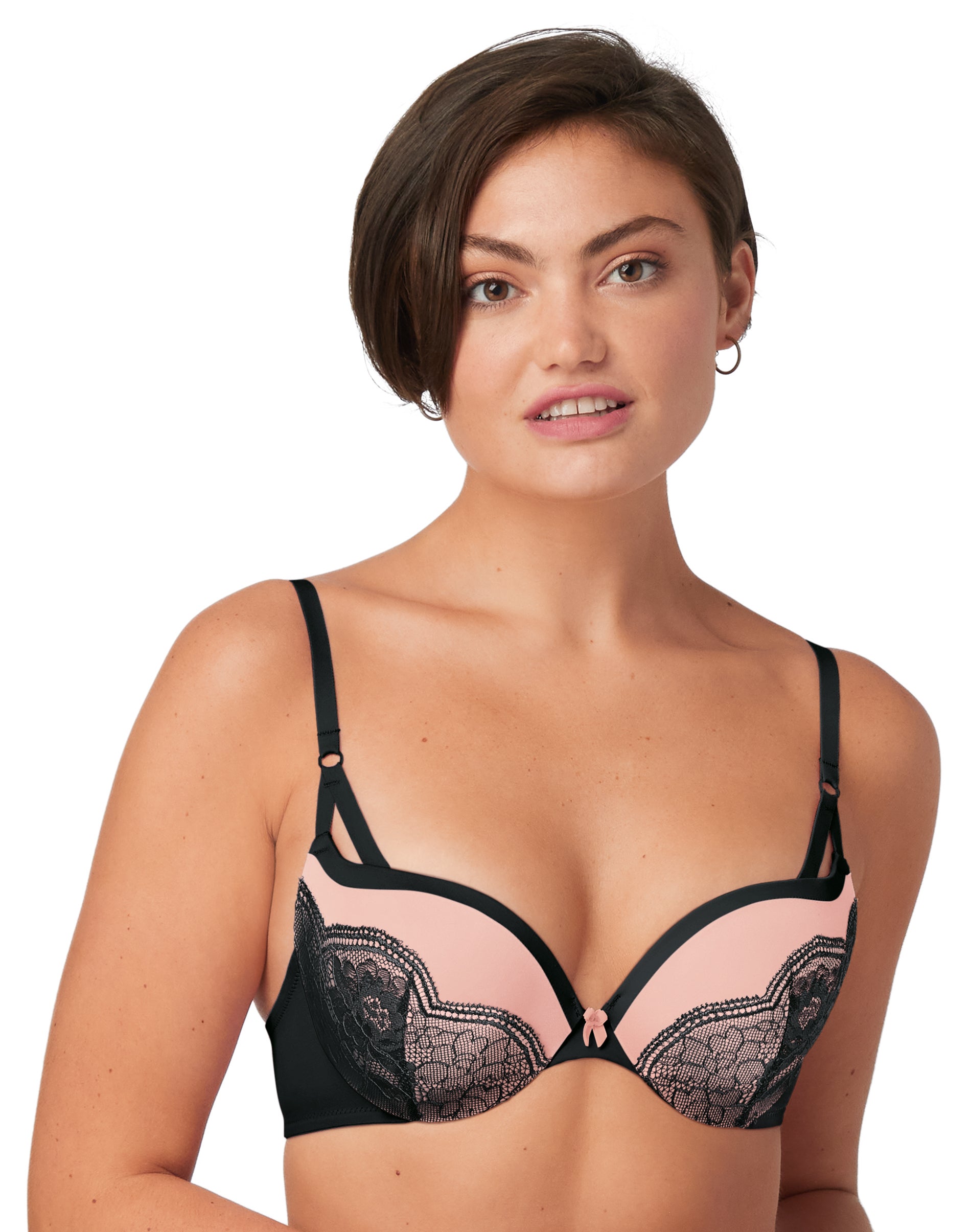 Maidenform Push Up & In Underwire Bra Black w/Gentle Peach Lace 36C Women’s