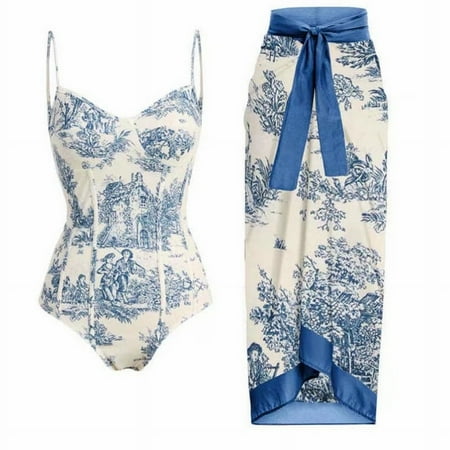Swimsuit with Cover Up Set,Women’s One Piece Swimsuit with Beach Cover up Wrap Skirt Sarong Retro Floral Print Bikini Set