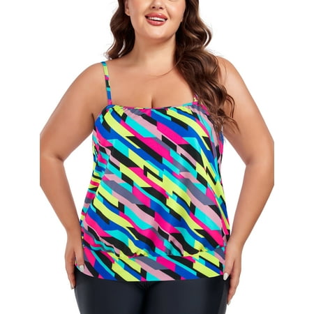 Ocean Blue Removable Straps Women’s Plus Size Loose Fit Blouson Bandeau Tankini Top Bathing Suit Strapless Tankinis Swimsuits