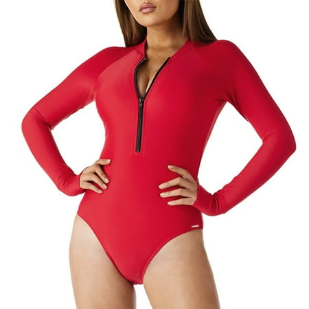 Ocean Blues Women’s and Women’s Plus Red Rash Guard Long Sleeve Women Tummy Control Zipper One Piece Swimsuit Bathing Suits Size XXL