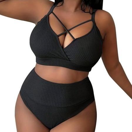 NIEWTR Women’s Plus Size High Waisted Bikini Set Women’s Solid Color Hollow Shoulder Strap Adjustable Backless Sexy Swimsuit Plus Size Bathing Suits (Black,XXL)