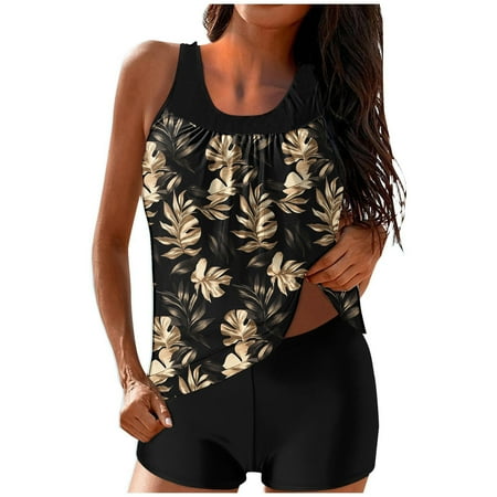 Summer Savings Clearance! Enjoytime Womens Swimsuits Flower Printed Tankini Tank Top with Boyshorts Two Piece Bathing Suit Swimwear Tummy Control Swimsuits for Women